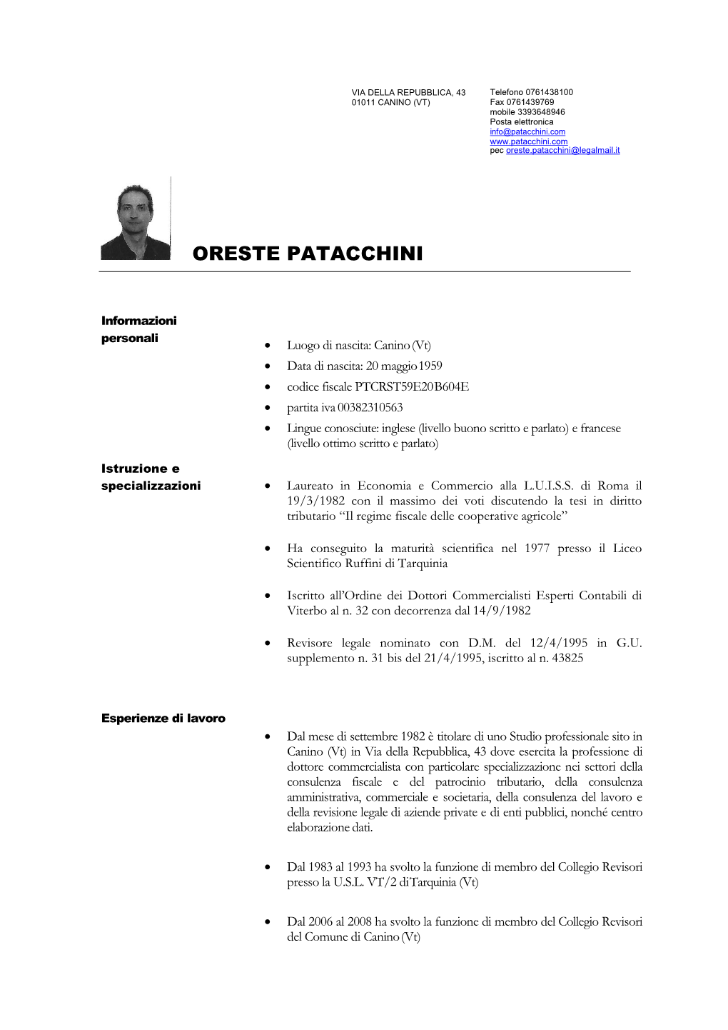 Curriculum Vitae Dott. PATACCHINI Oreste
