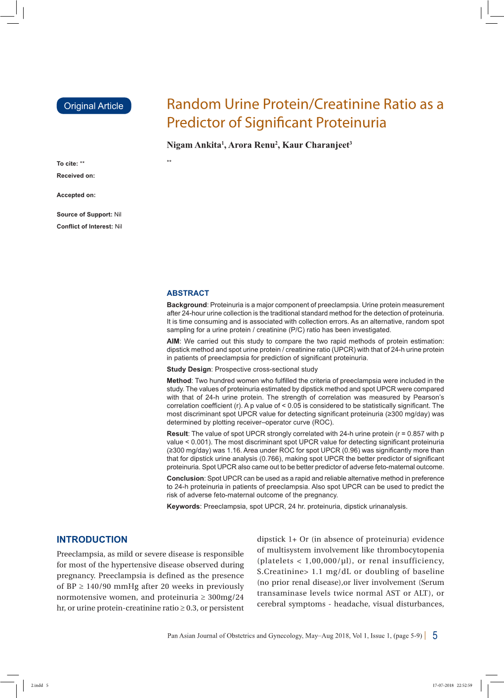 Random Urine Protein/Creatinine Ratio As a Predictor of Significant Proteinuria