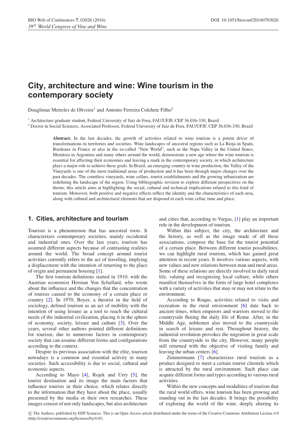 City, Architecture and Wine: Wine Tourism in the Contemporary Society