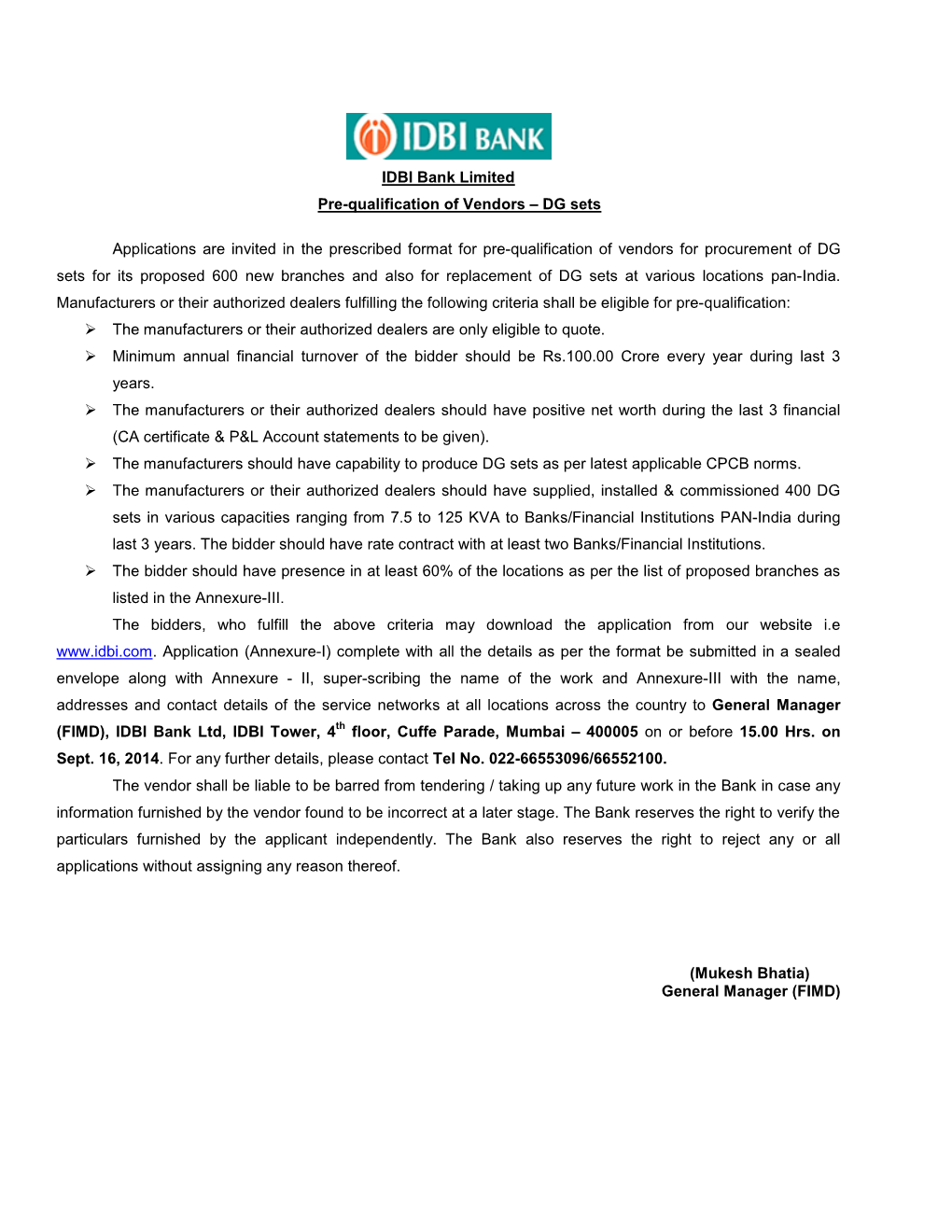 Draft Tender Advertisement for Website