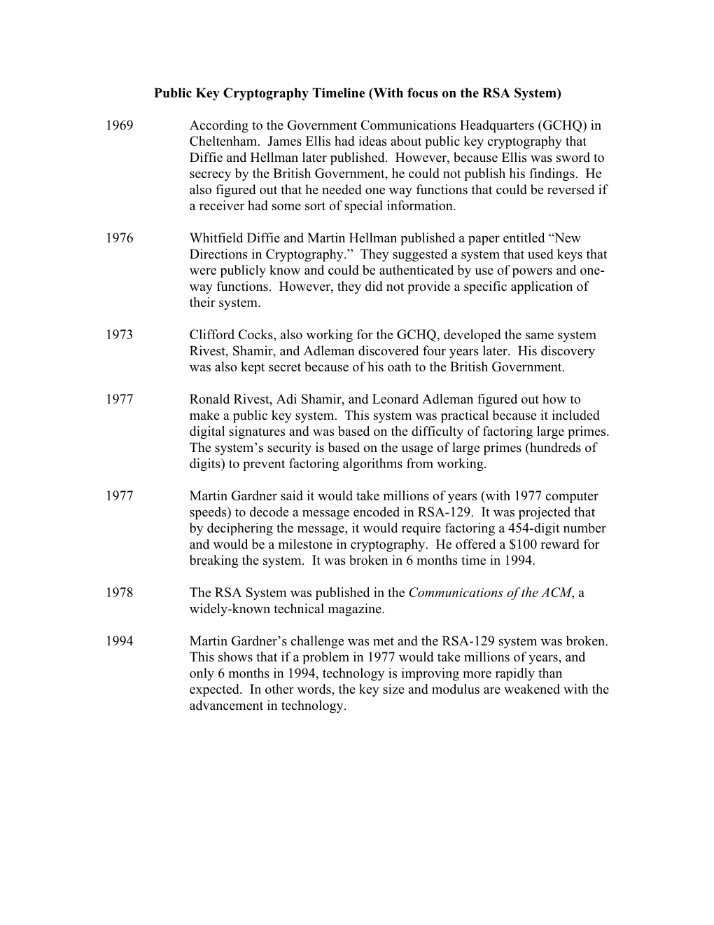 Public Key Cryptography Timeline (With Focus on the RSA System)