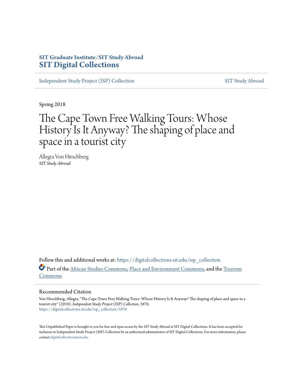 The Cape Town Free Walking Tours: Whose History Is It Anyway? the Shaping of Place and Space in a Tourist City