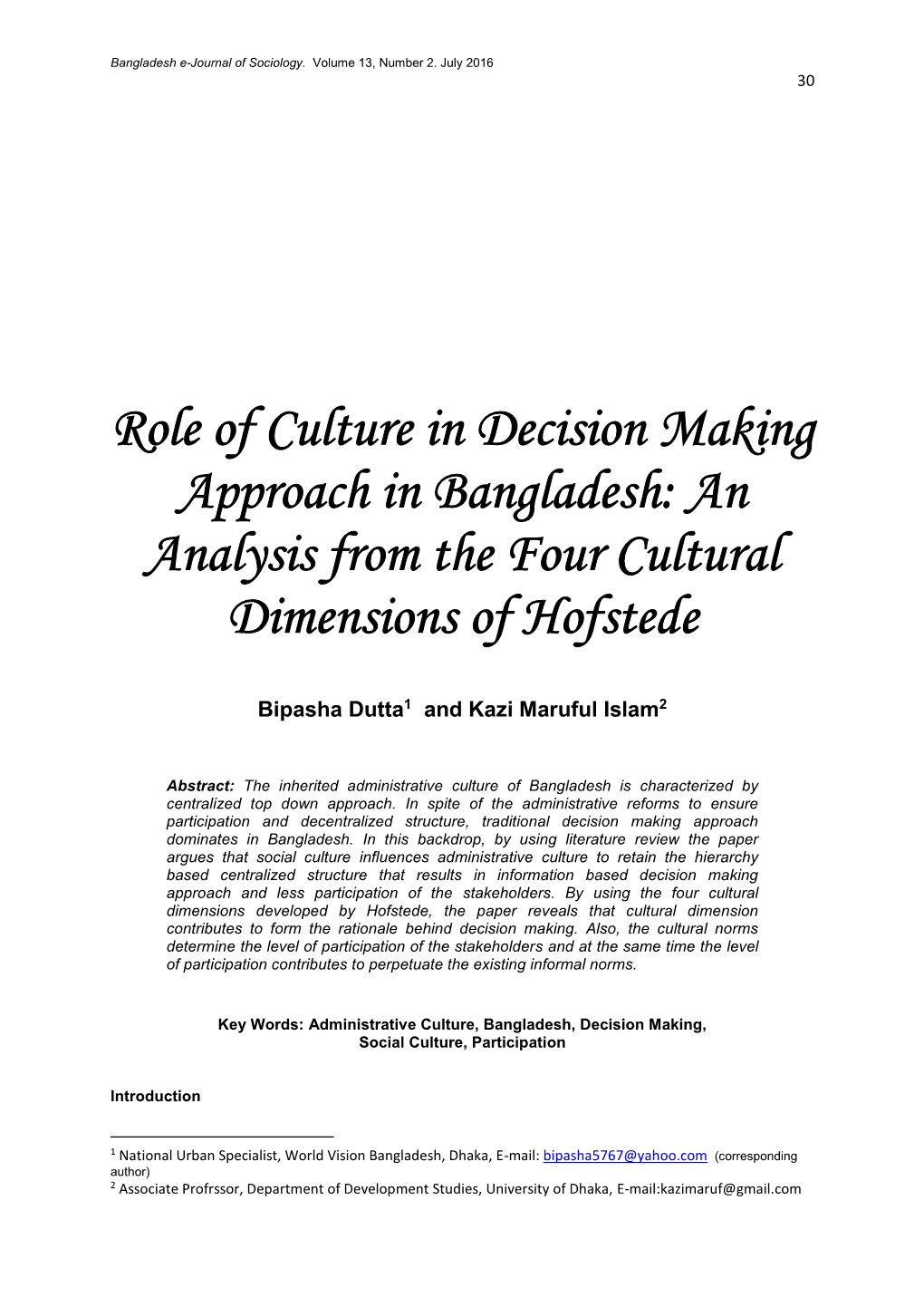 Role of Culture in Decision Making Approach in Bangladesh: an Analysis from the Four Cultural Dimensions of Hofstede