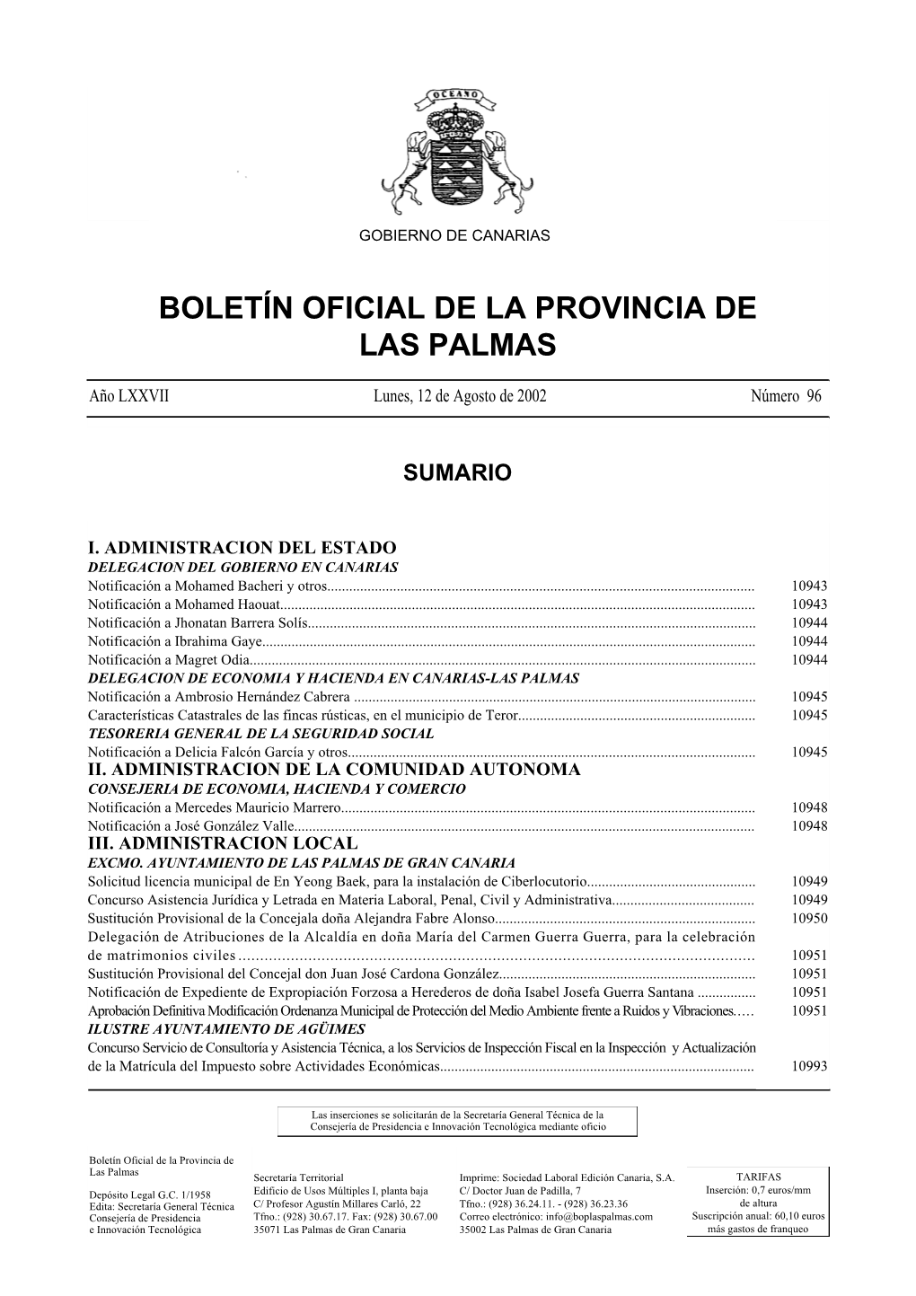 Boletín Oficial De La Provincia De Las Palmas