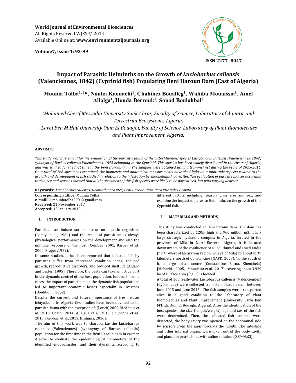 Impact of Parasitic Helminths on the Growth of Luciobarbus Callensis (Valenciennes, 1842) (Cyprinid Fish) Populating Beni Haroun Dam (East of Algeria)