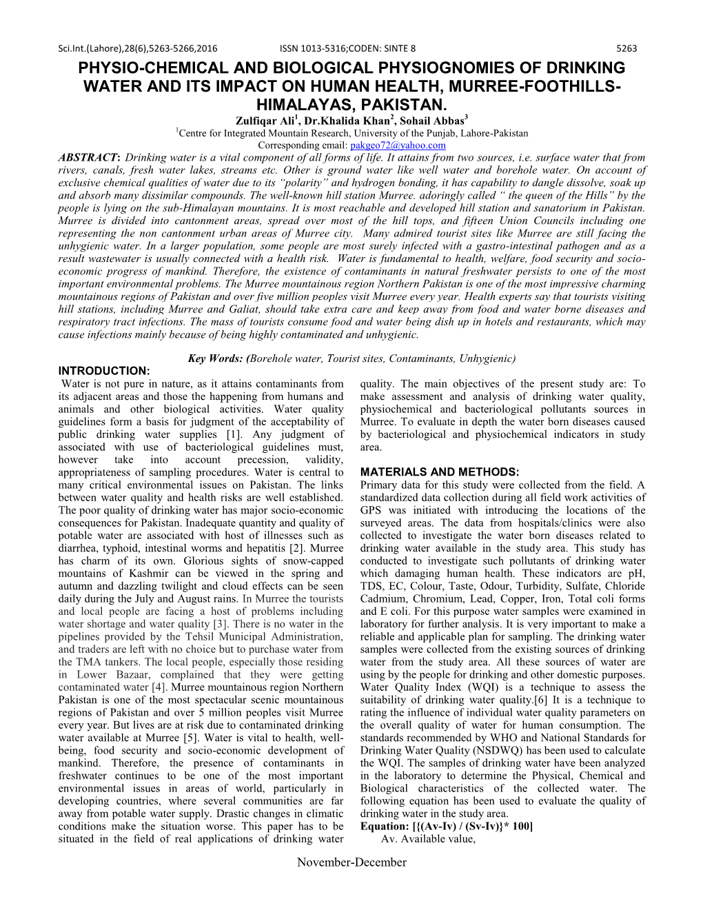 Physio-Chemical and Biological Physiognomies of Drinking Water and Its Impact on Human Health, Murree-Foothills- Himalayas, Pakistan