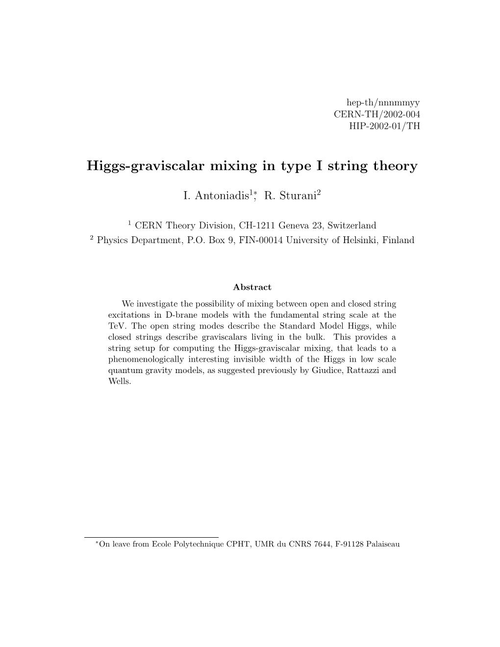 Higgs-Graviscalar Mixing in Type I String Theory