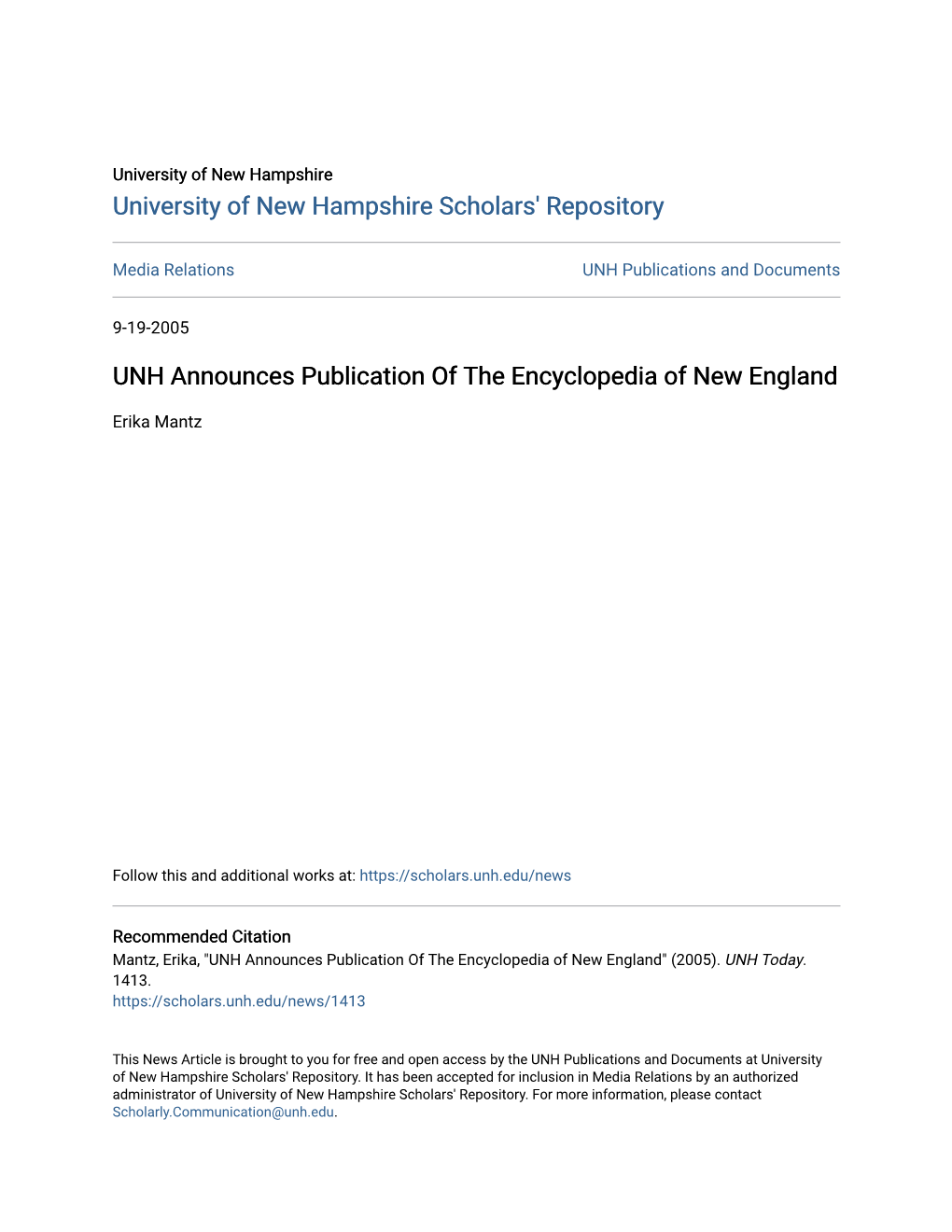 UNH Announces Publication of the Encyclopedia of New England