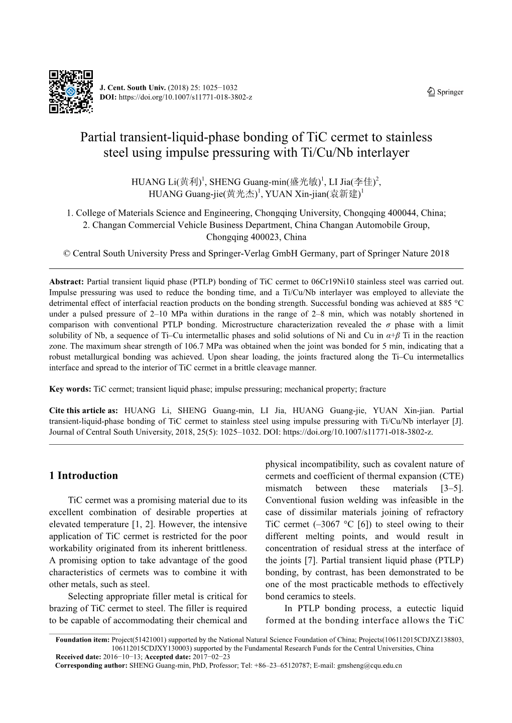 Partial Transient-Liquid-Phase Bonding of Tic Cermet to Stainless Steel Using Impulse Pressuring with Ti/Cu/Nb Interlayer