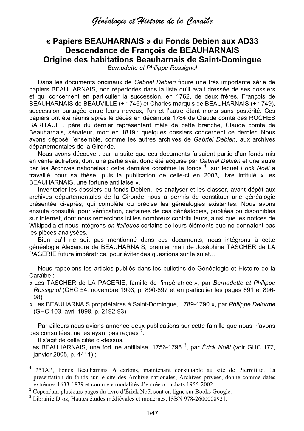 BEAUHARNAIS » Du Fonds Debien Aux AD33 Descendance De François De BEAUHARNAIS Origine Des Habitations Beauharnais De Saint-Domingue Bernadette Et Philippe Rossignol