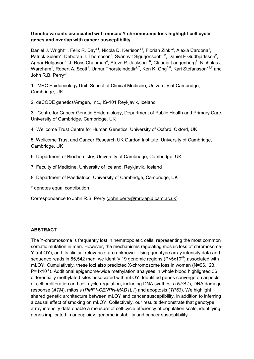 Genetic Variants Associated with Mosaic Y Chromosome Loss Highlight Cell Cycle Genes and Overlap with Cancer Susceptibility Dani