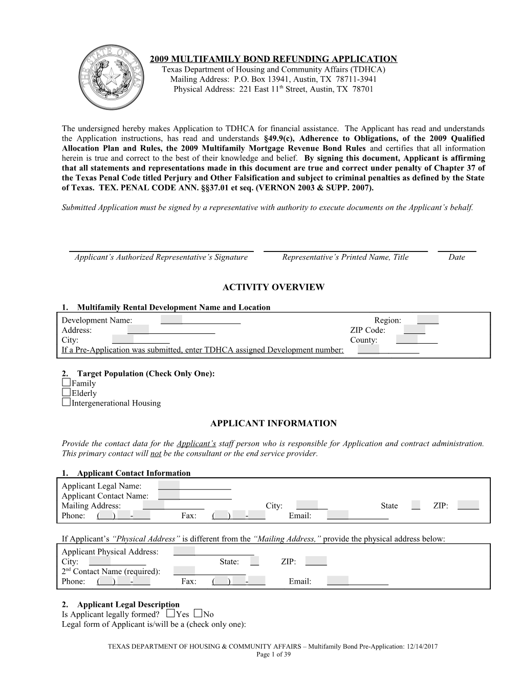 2009 Bond Refunding Uniform Application (DOC)