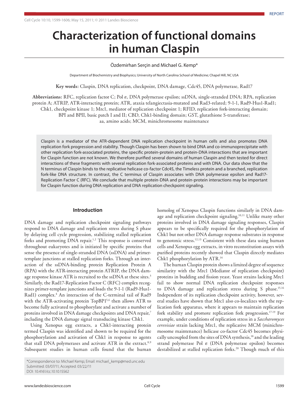 Characterization of Functional Domains in Human Claspin