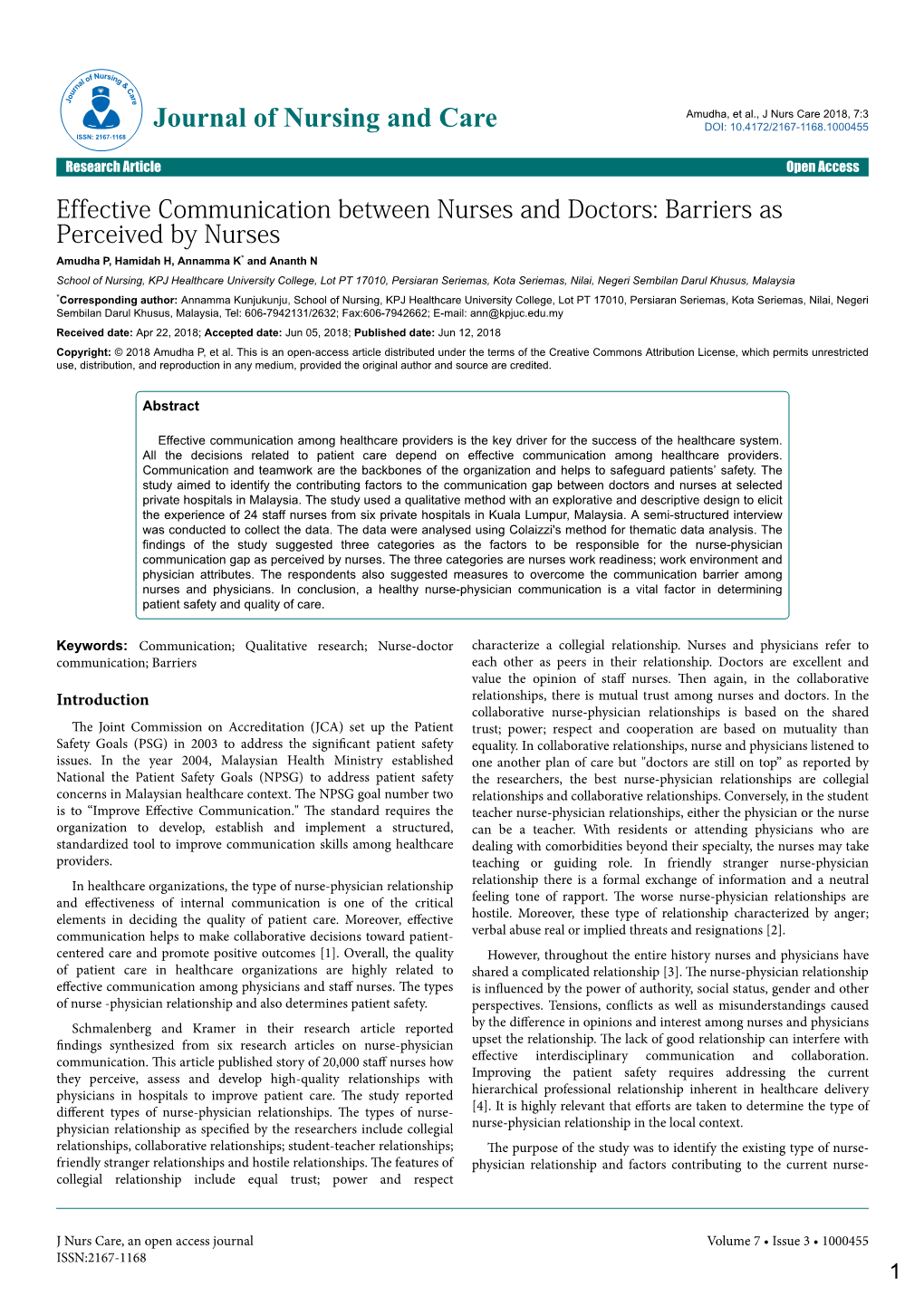 Journal of Nursing and Care DOI: 10.4172/2167-1168.1000455 ISSN: 2167-1168