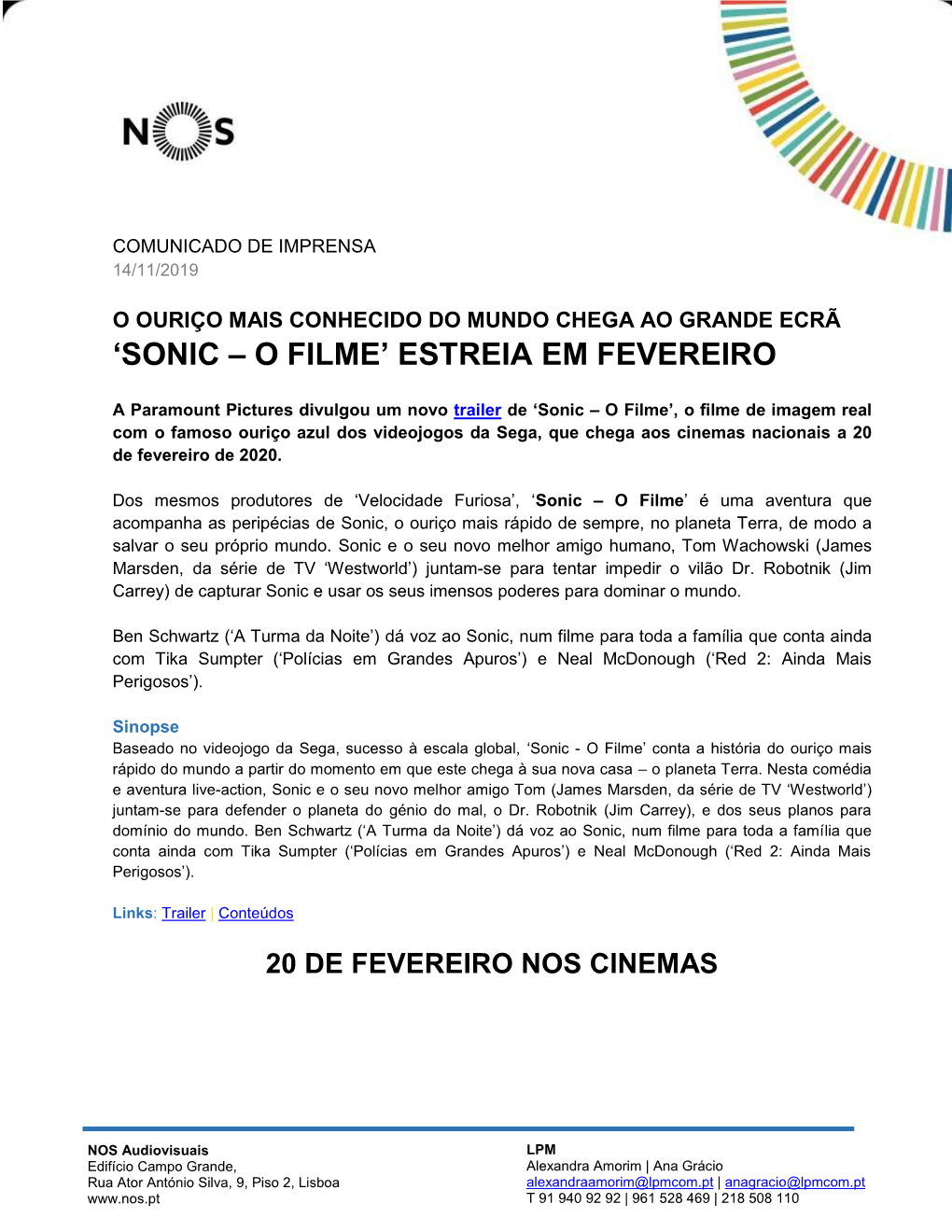 'Sonic – O Filme' Estreia Em Fevereiro