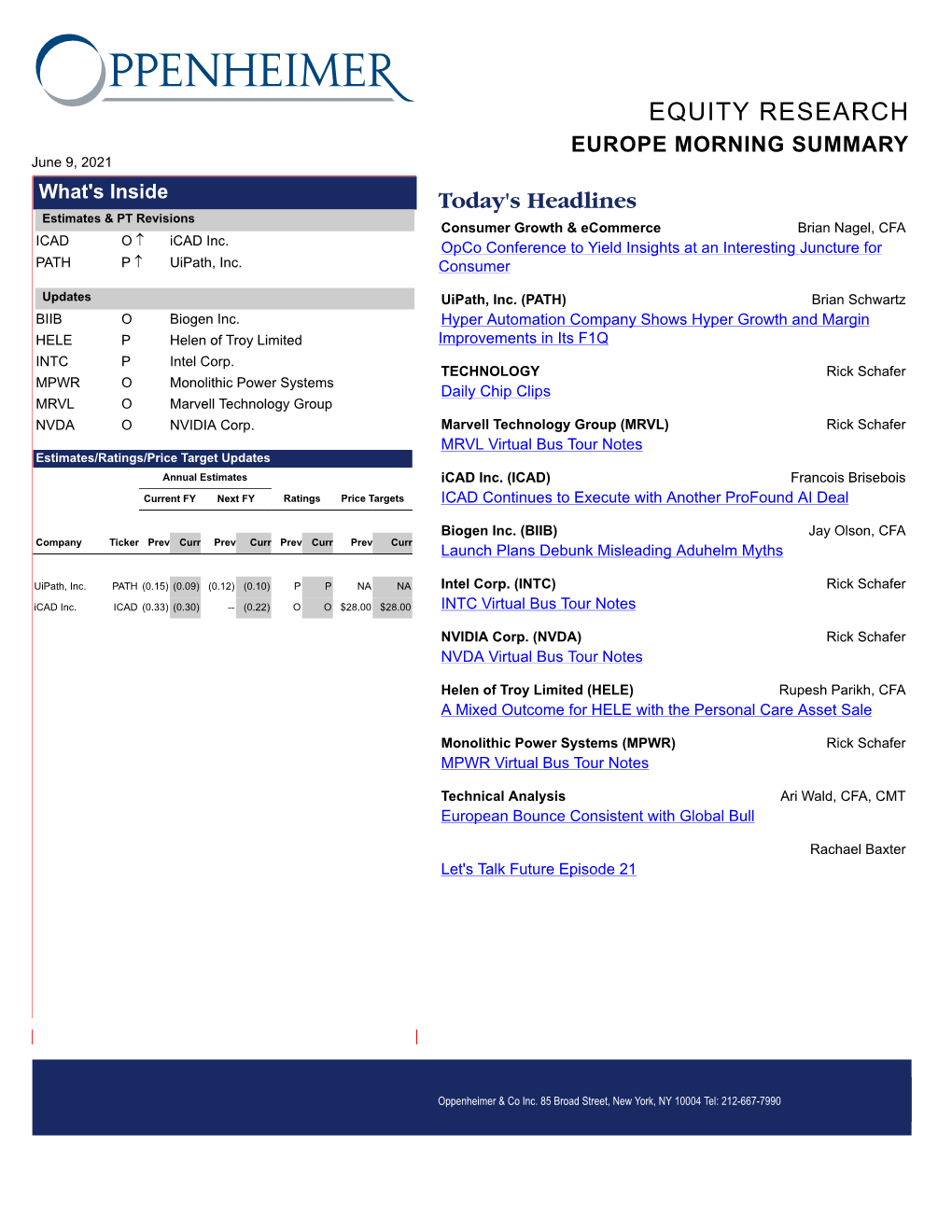 EQUITY RESEARCH EUROPE MORNING SUMMARY June 9, 2021