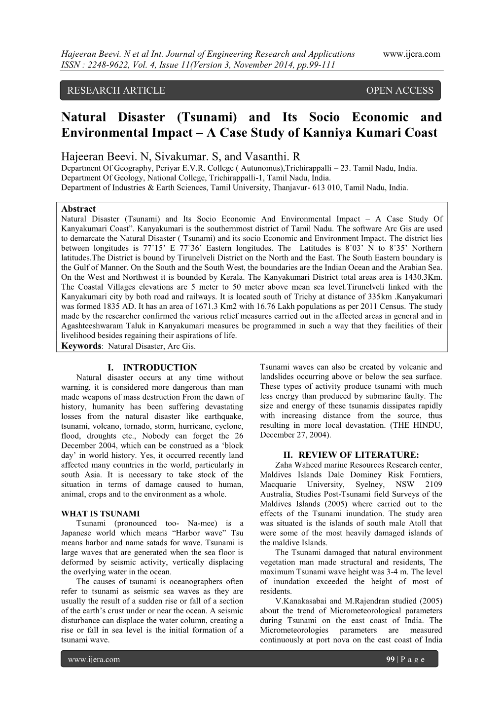 Natural Disaster (Tsunami) and Its Socio Economic and Environmental Impact – a Case Study of Kanniya Kumari Coast