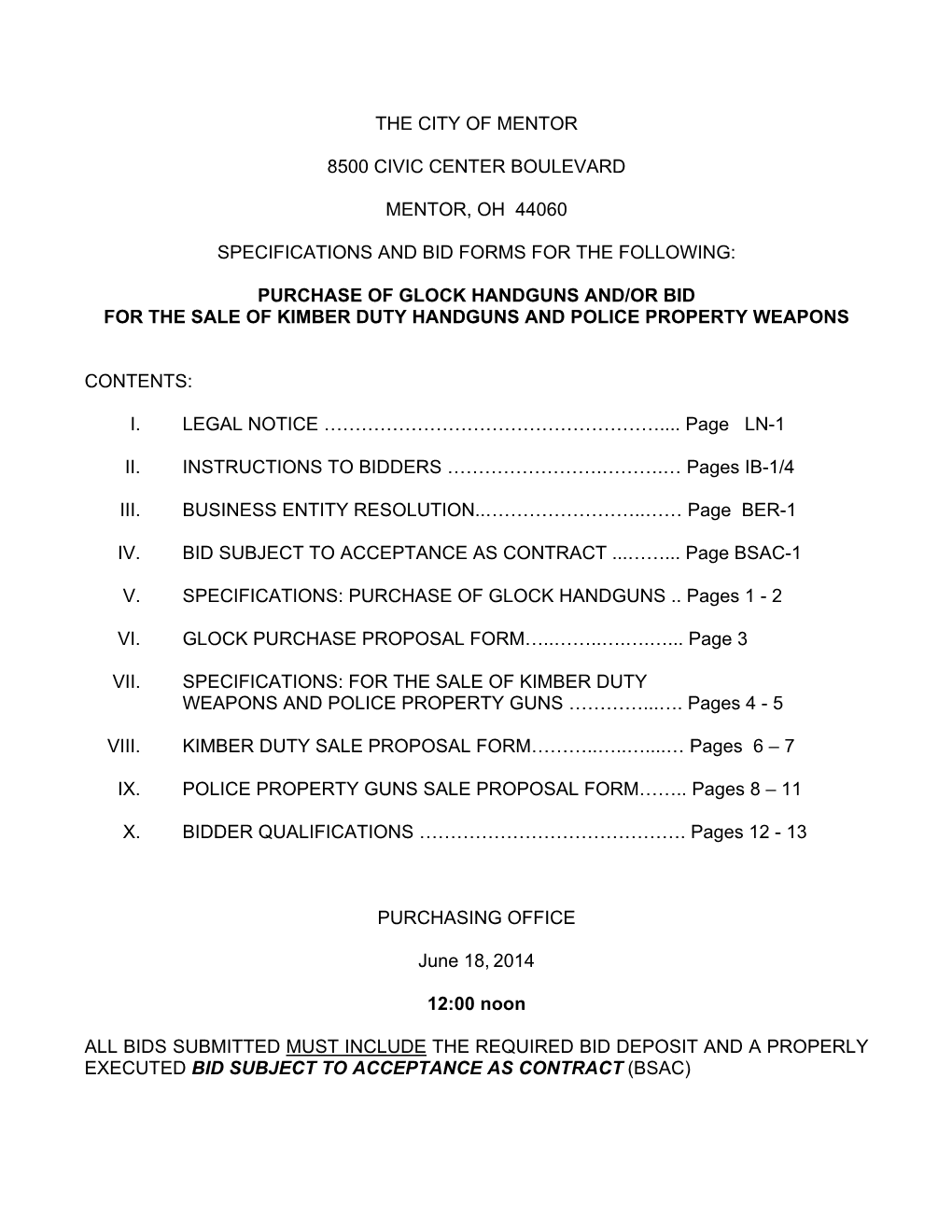 Bid Packet for Purchase and Sale of Police Handguns