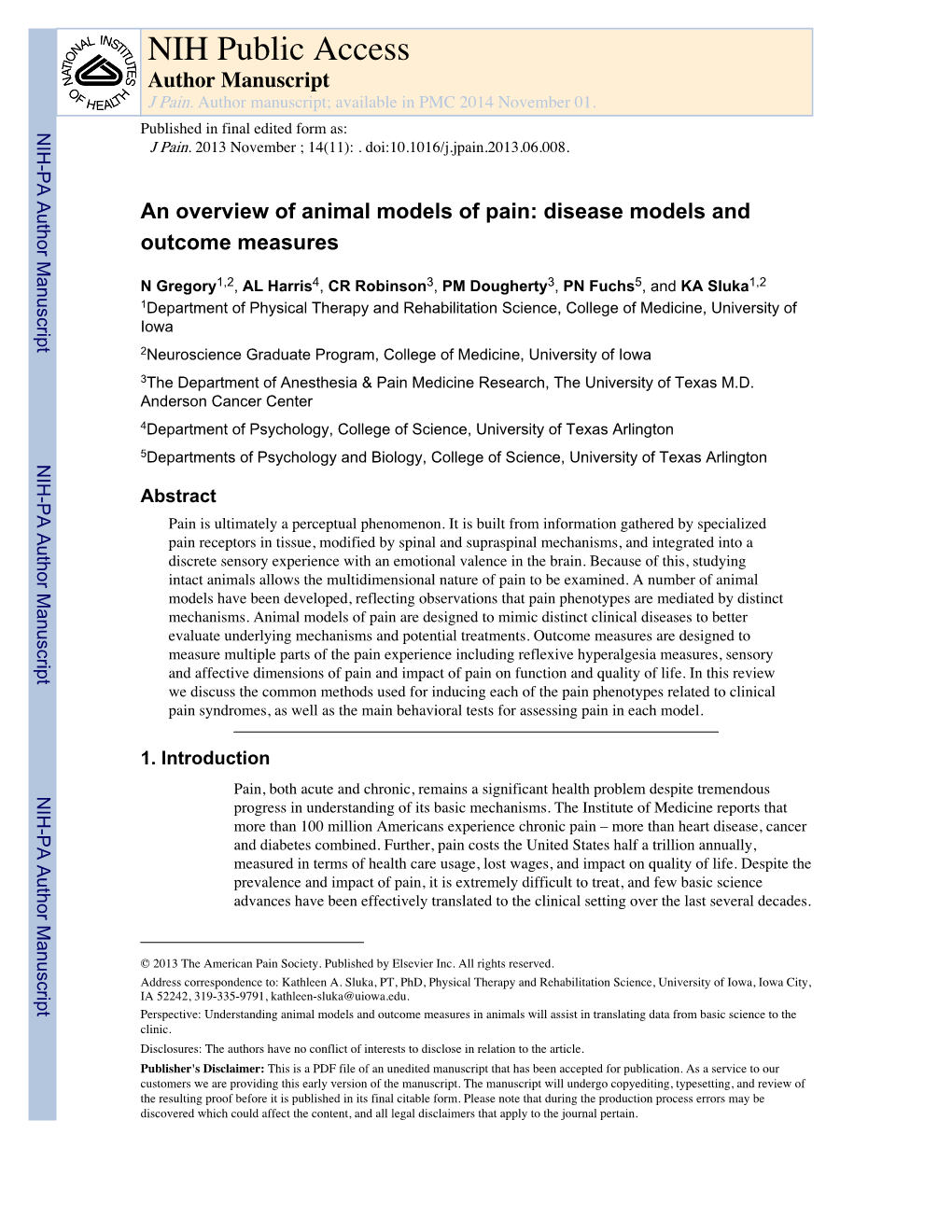 NIH Public Access Author Manuscript J Pain