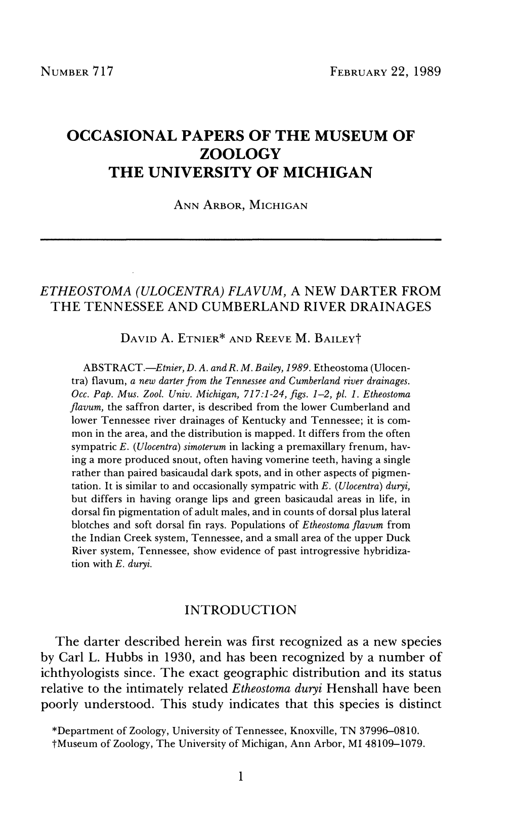 Occasional Papers of the Museum of Zoology the University of Michigan