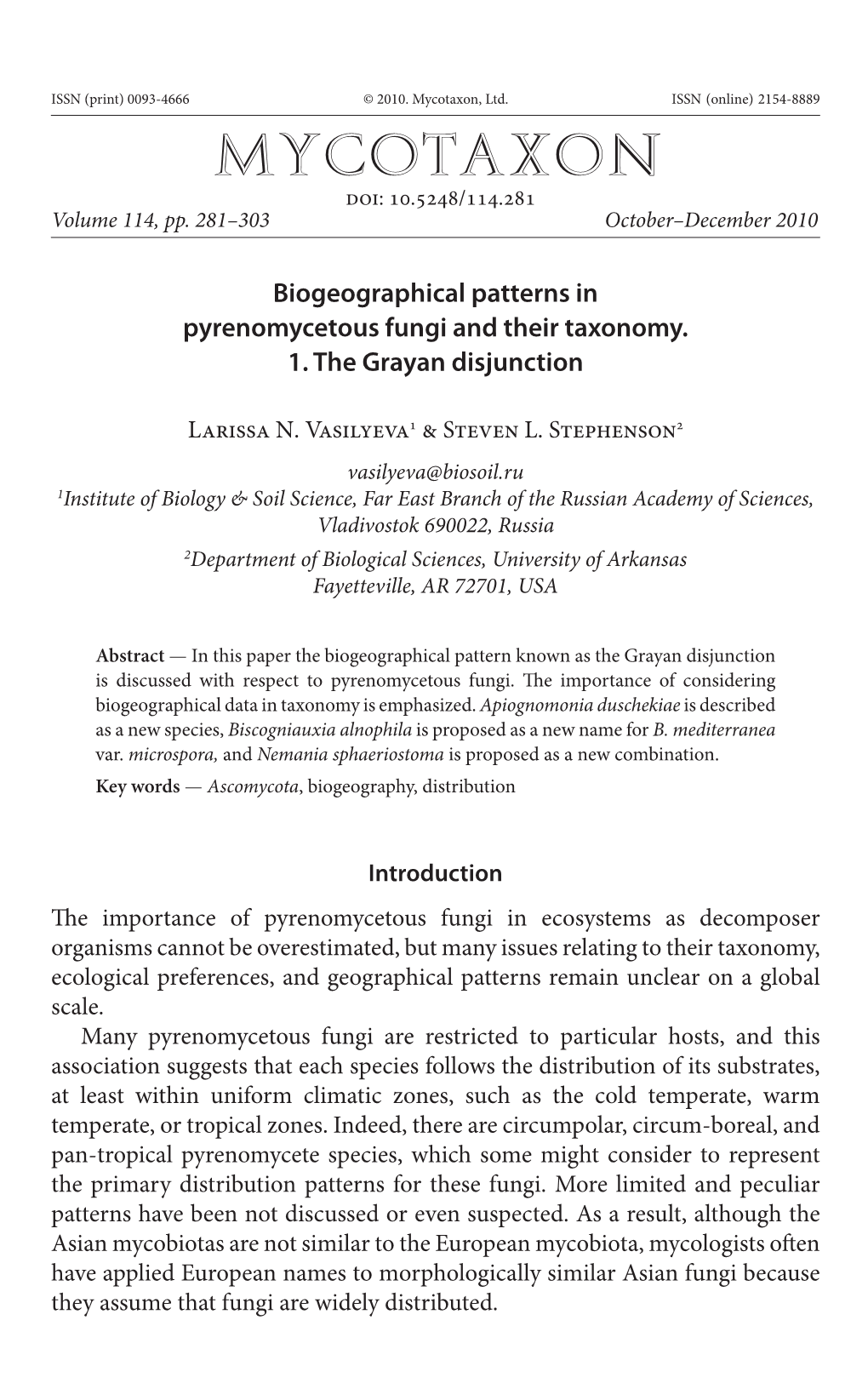 Biogeographical Patterns in Pyrenomycetous Fungi and Their Taxonomy