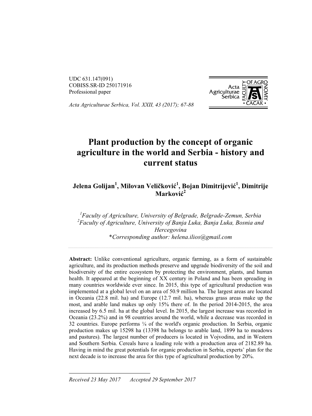 Plant Production by the Concept of Organic Agriculture in the World and Serbia - History and Current Status
