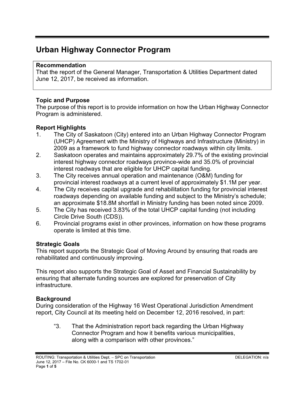 Urban Highway Connector Program