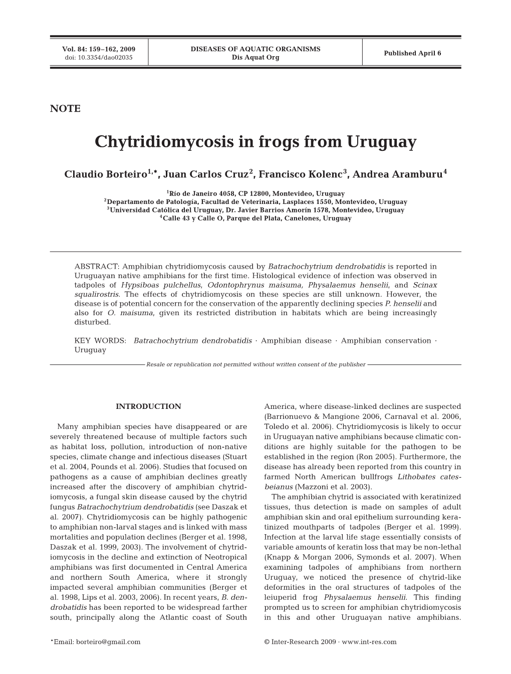 Chytridiomycosis in Frogs from Uruguay