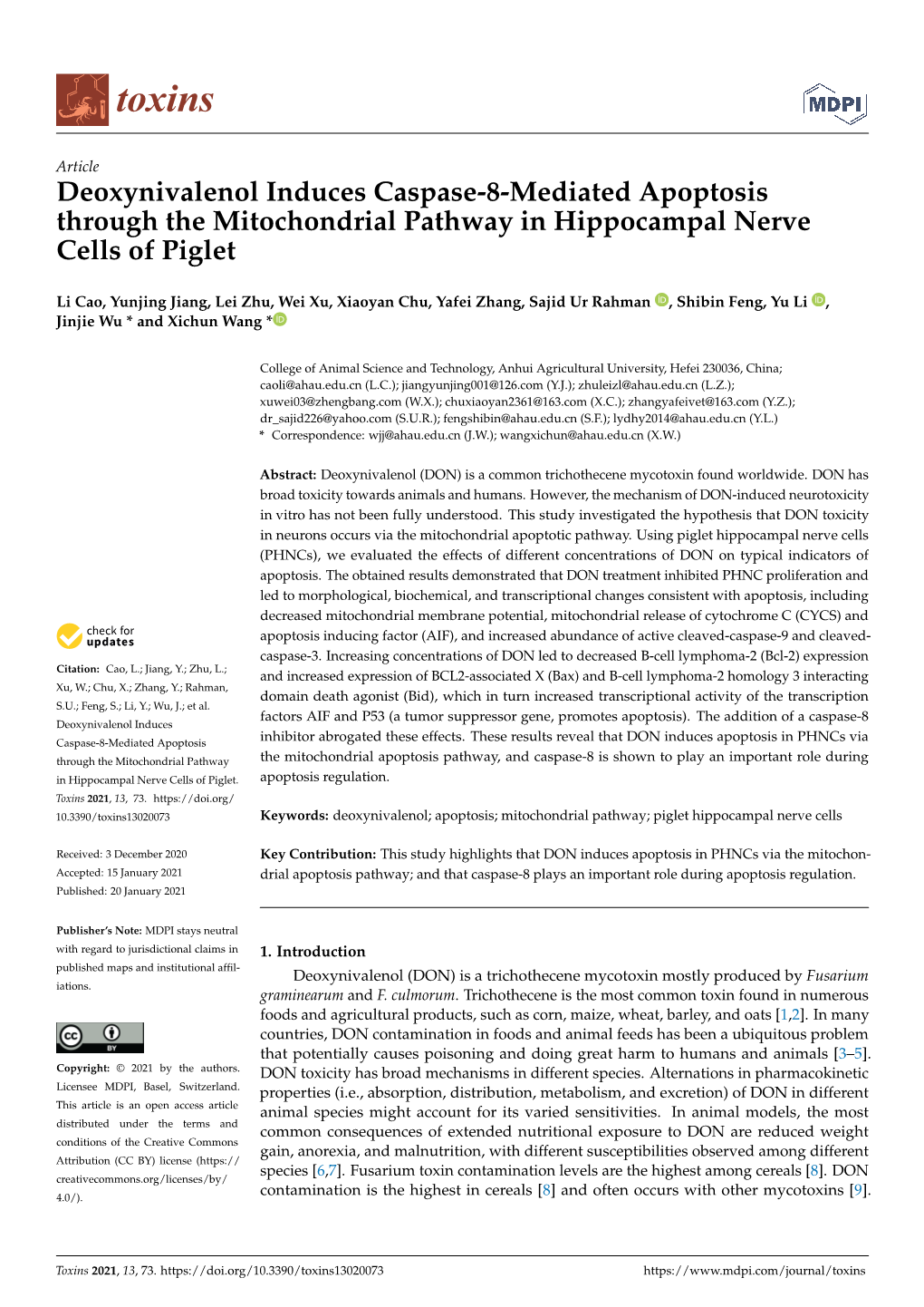 Deoxynivalenol Induces Caspase-8-Mediated Apoptosis Through the Mitochondrial Pathway in Hippocampal Nerve Cells of Piglet