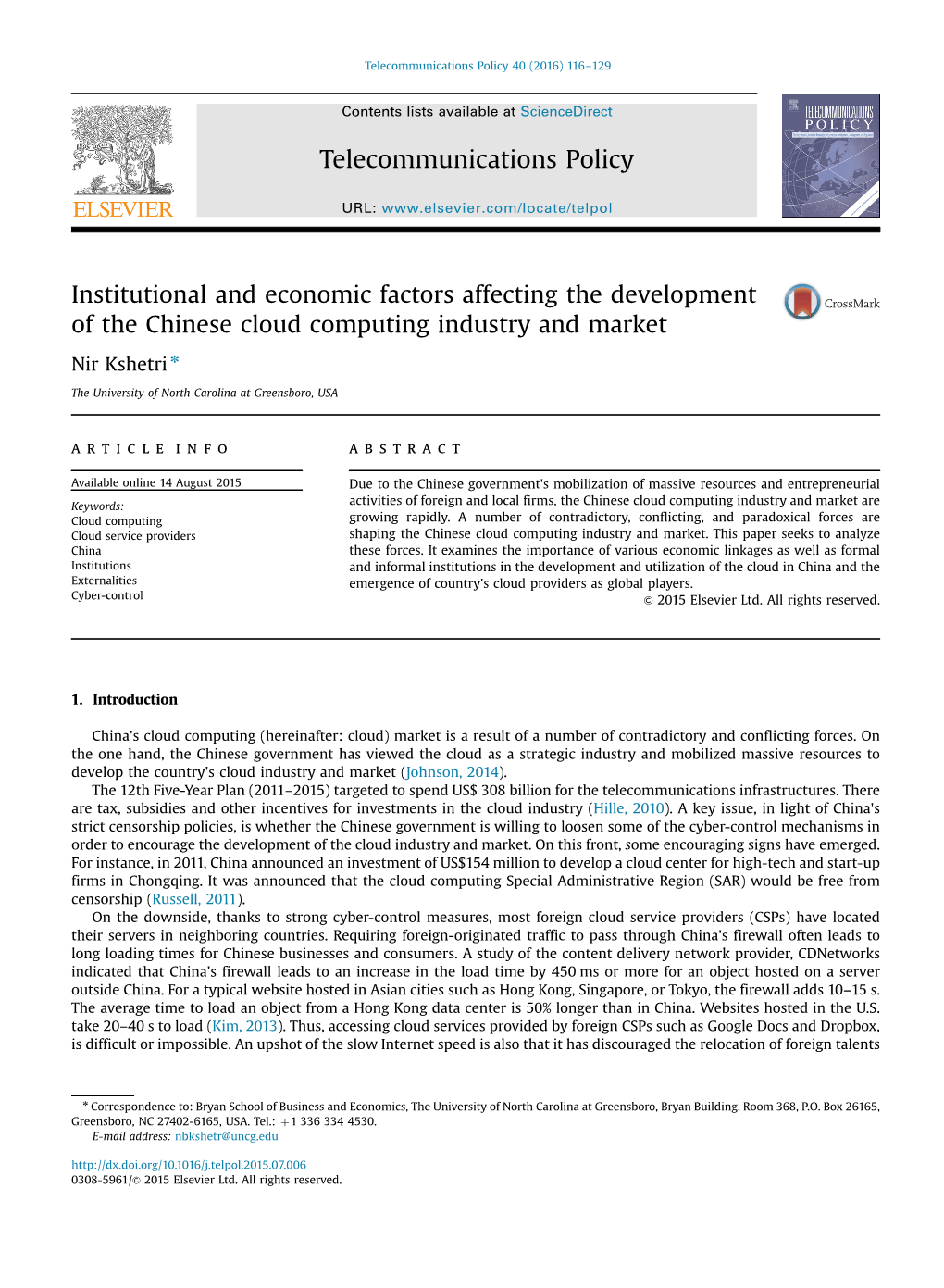 Institutional and Economic Factors Affecting the Development of the Chinese Cloud Computing Industry and Market
