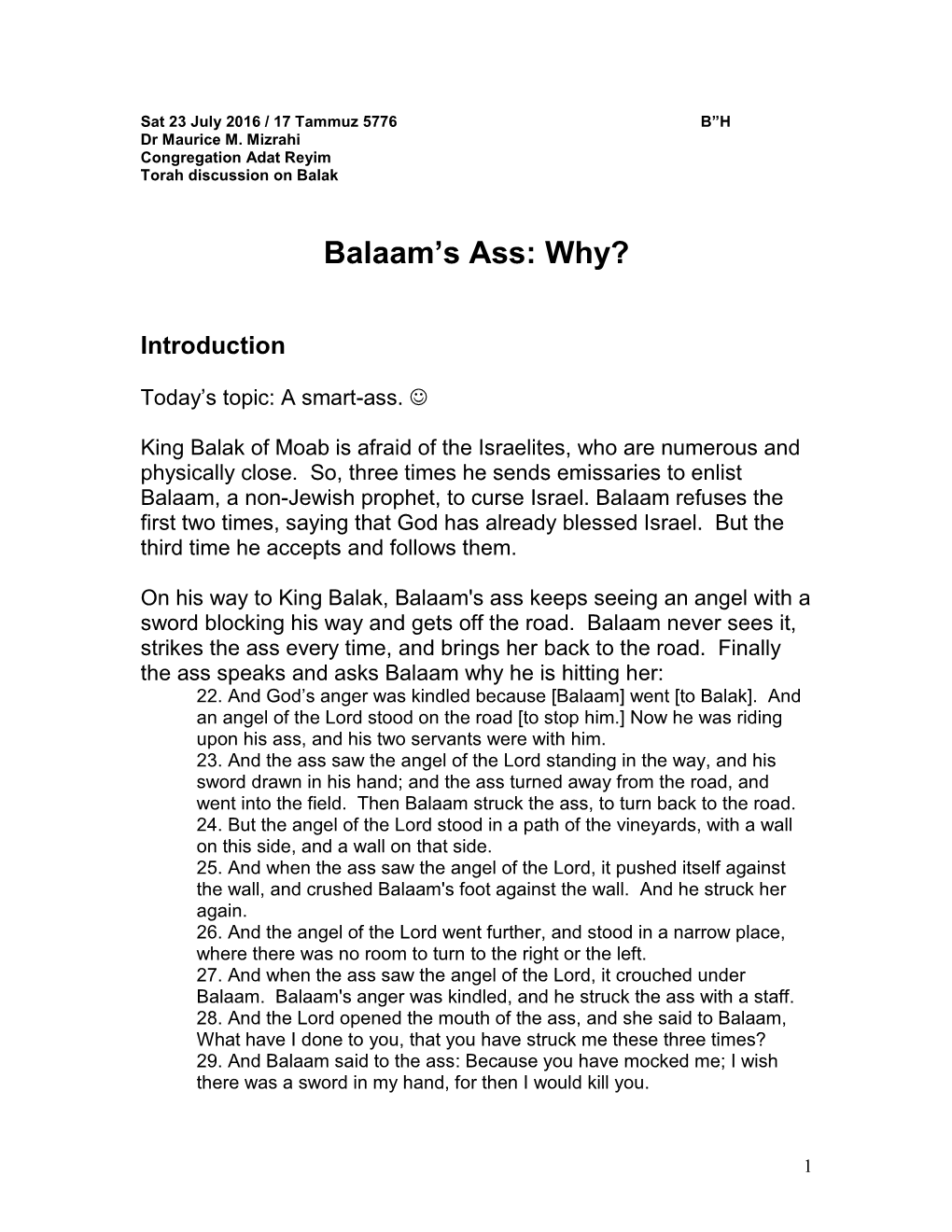 Balaam's Ass: Why? (Balak)