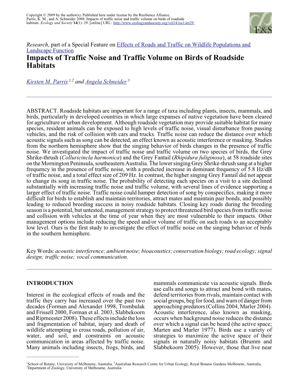 Impacts of Traffic Noise and Traffic Volume on Birds of Roadside Habitats