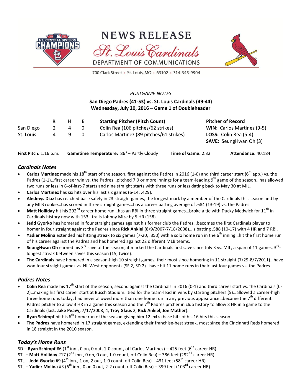 Cardinals Notes Padres Notes Today's Home Runs