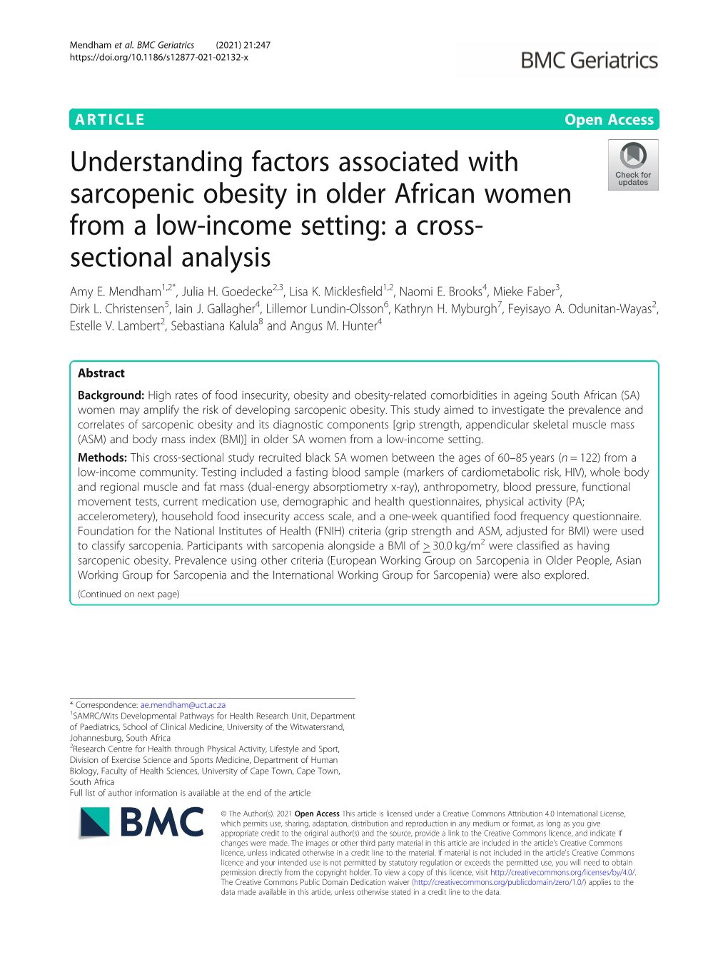 Understanding Factors Associated with Sarcopenic Obesity in Older African Women from a Low-Income Setting: a Cross- Sectional Analysis Amy E