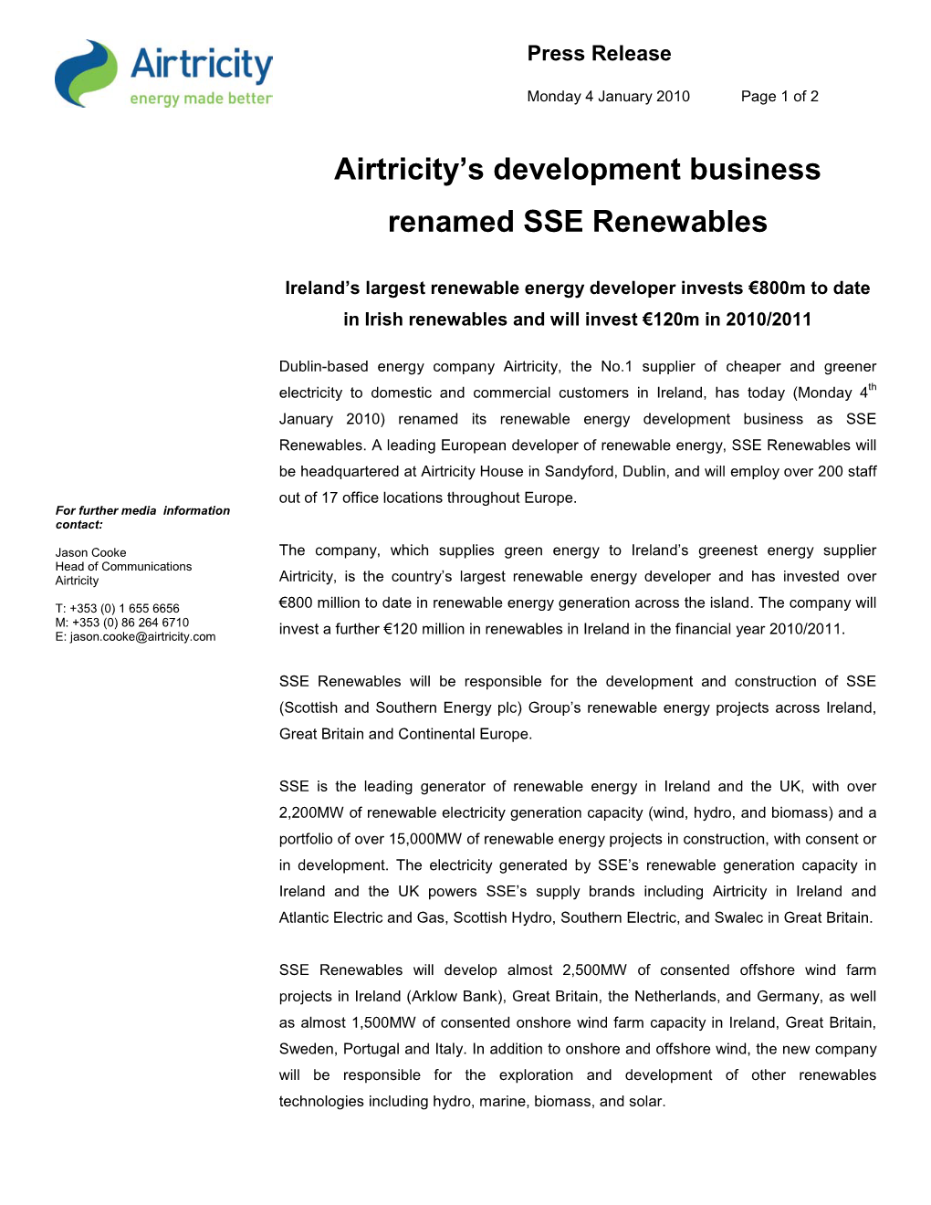 Airtricity's Development Business Renamed SSE Renewables