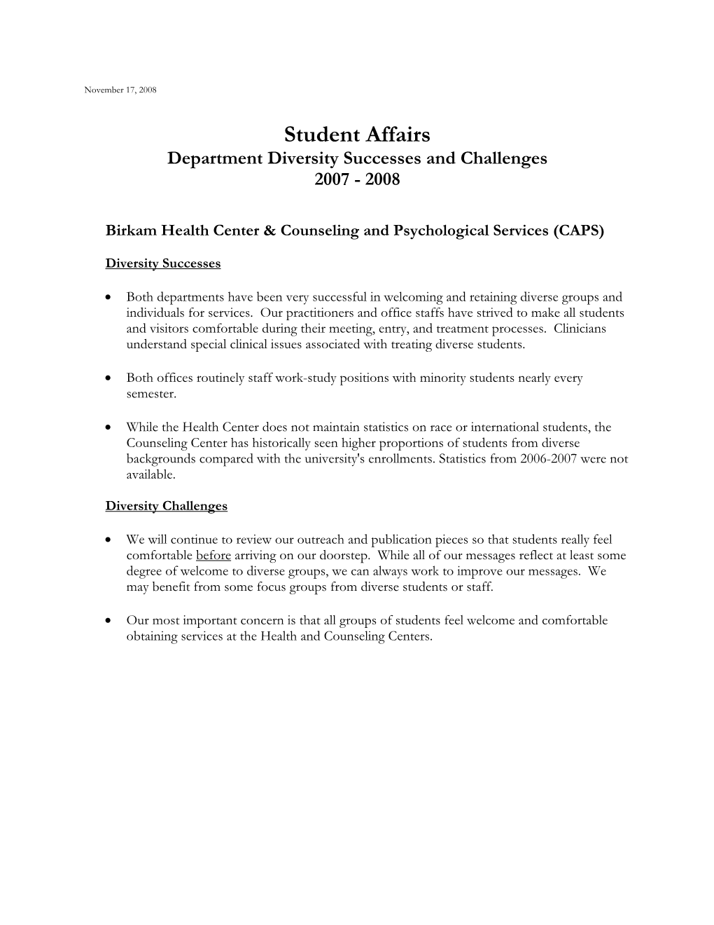 Student Affairs Department Diversity Successes and Challenges 2007 - 2008