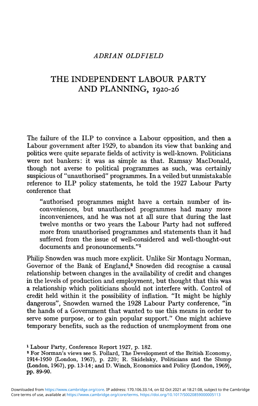 The Independent Labour Party and Planning, 1920–26