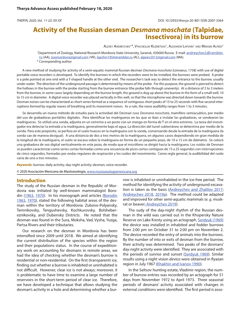 Activity of the Russian Desman Desmana Moschata (Talpidae, Insectivora) in Its Burrow