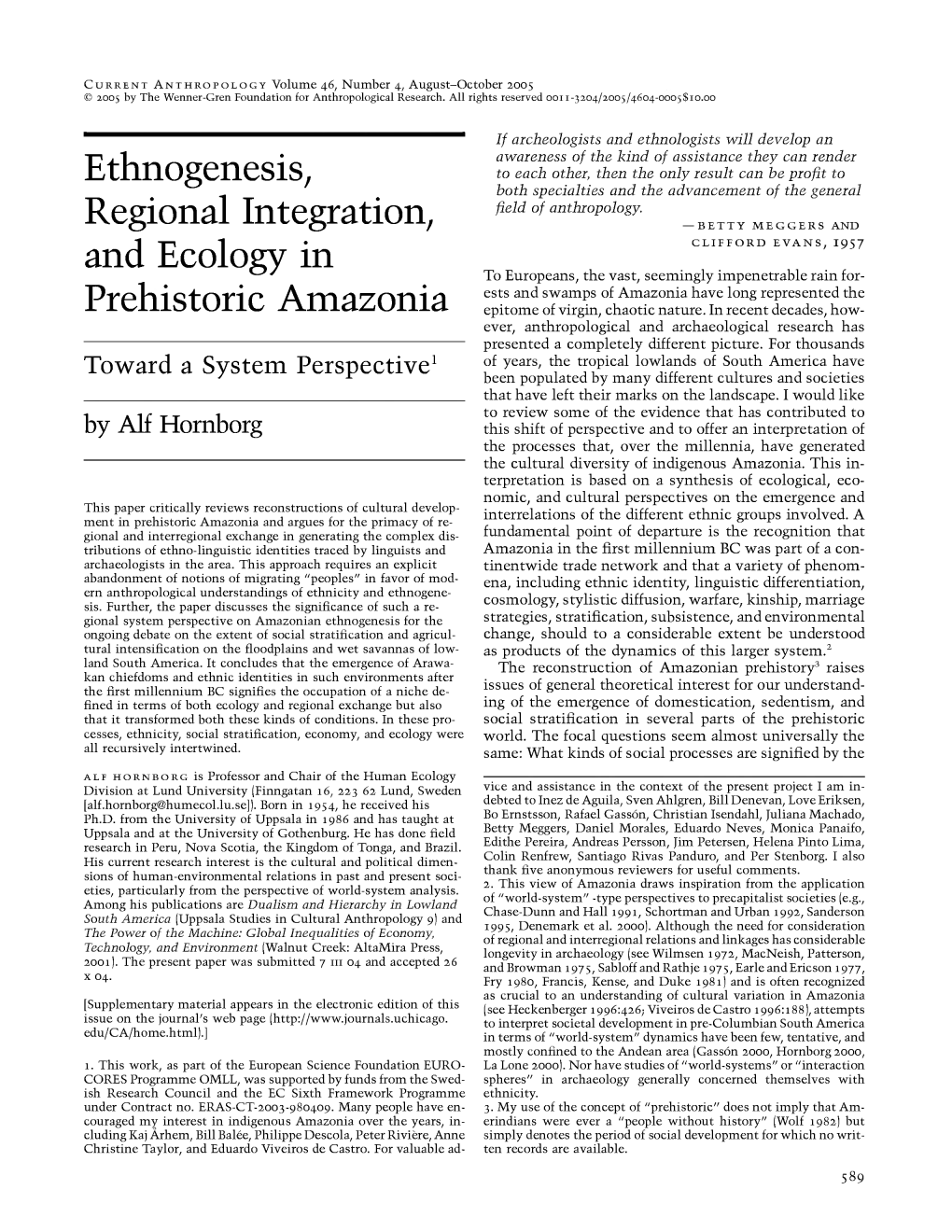 Ethnogenesis, Regional Integration, and Ecology in Prehistoric