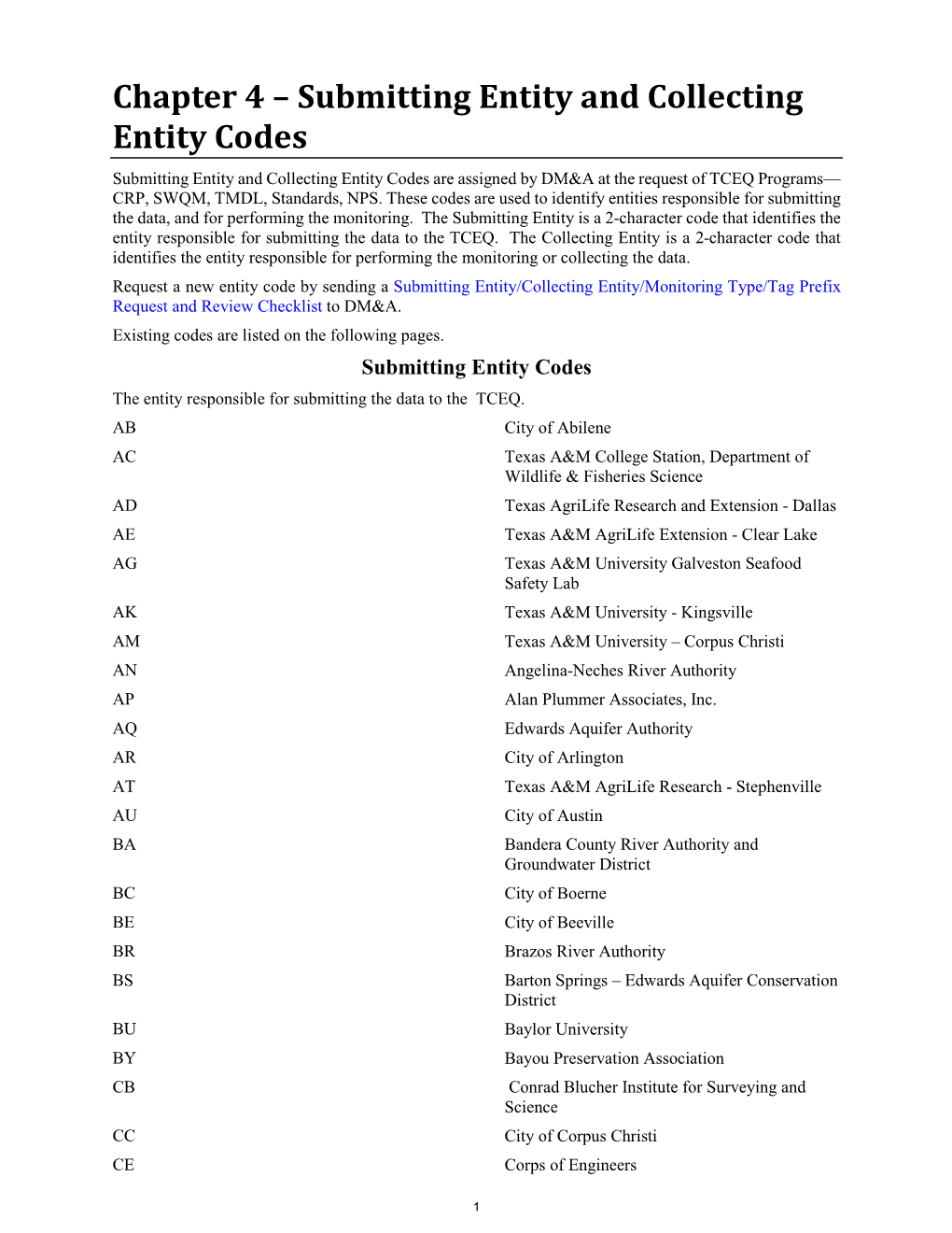 Chapter 4 – Submitting Entity and Collecting Entity Codes