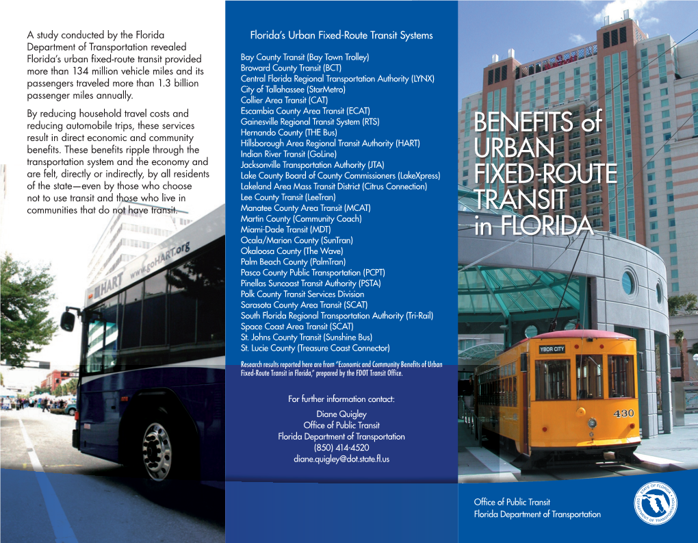 Benefits of Urban Fixed-Route Transit in Florida,” Prepared by the FDOT Transit Office
