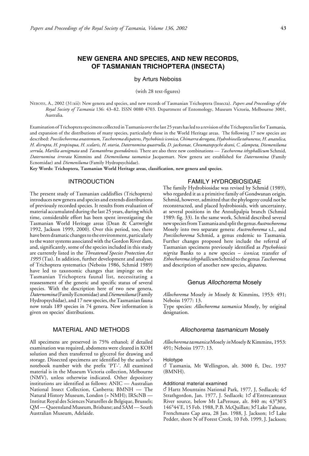 New Genera and Species, and New Records, of Tasmanian Trichoptera (Insecta)