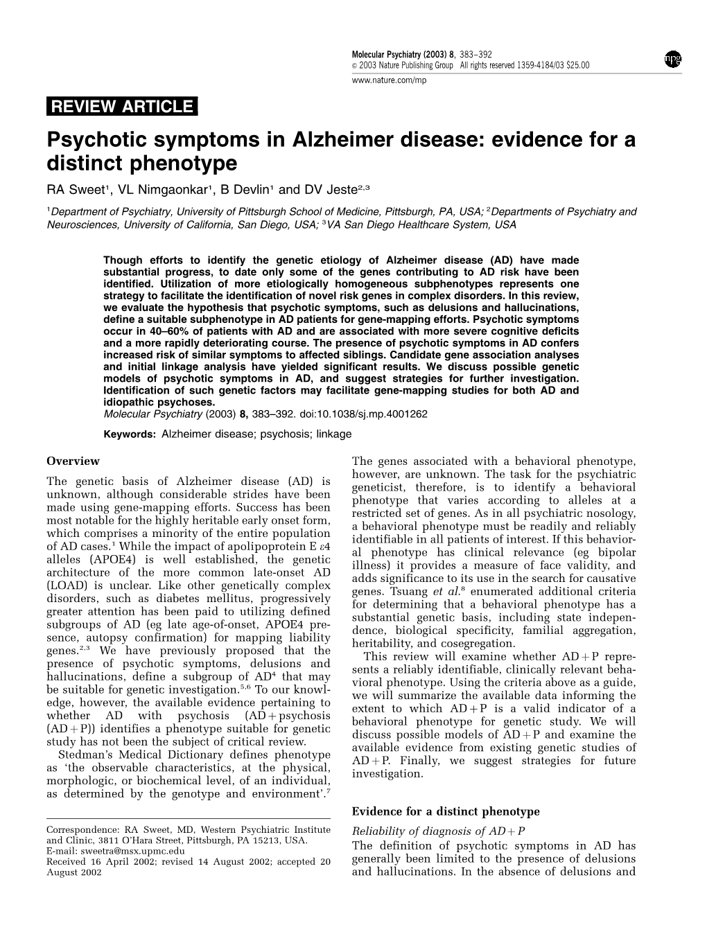 Psychotic Symptoms in Alzheimer Disease
