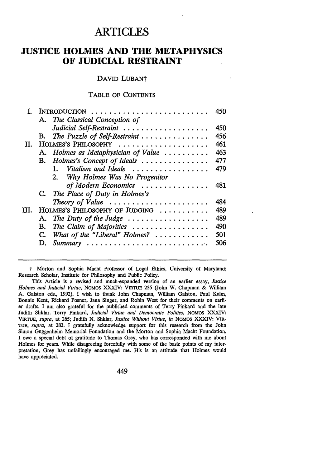 Justice Holmes and the Metaphysics of Judicial Restraint