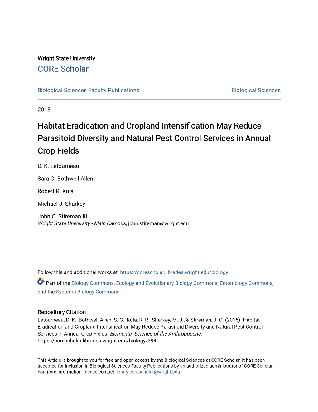 Habitat Eradication and Cropland Intensification May Reduce Parasitoid Diversity and Natural Pest Control Services in Annual Crop Fields