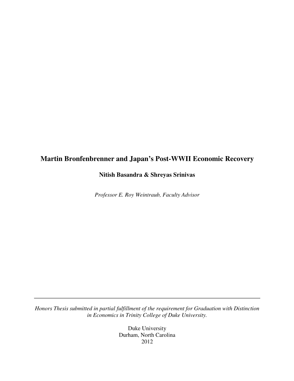 Martin Bronfenbrenner and Japan's Post-WWII Economic Recovery