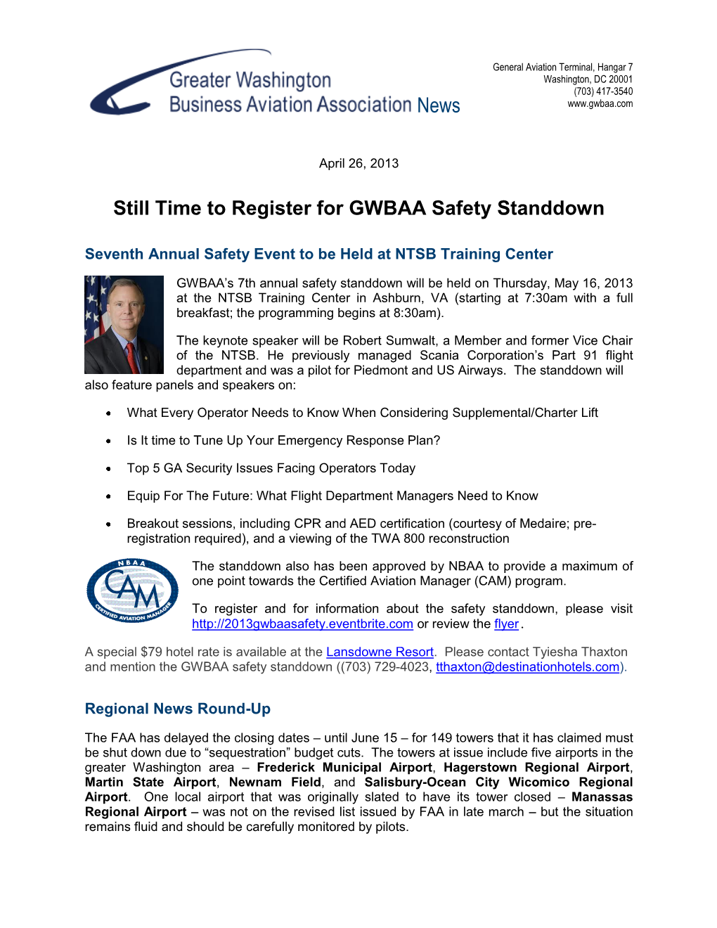 Still Time to Register for GWBAA Safety Standdown