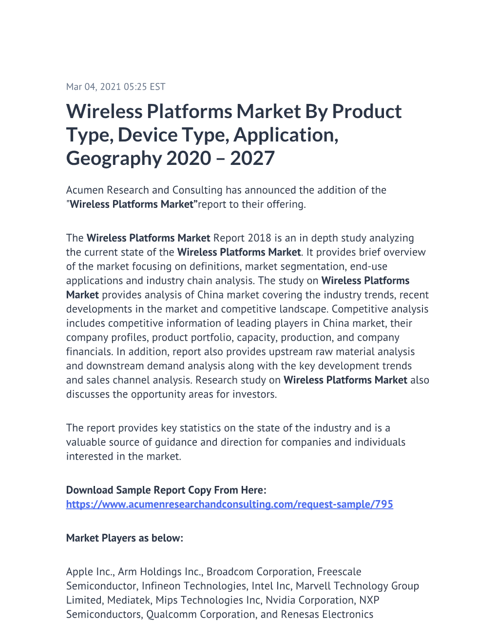 Wireless Platforms Market by Product Type, Device Type, Application, Geography 2020 – 2027