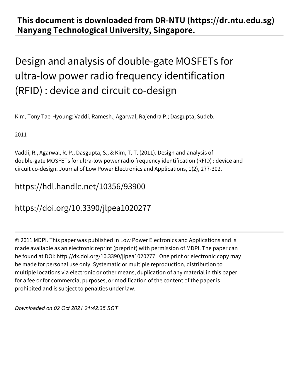 Design and Analysis of Double‑Gate Mosfets for Ultra‑Low Power Radio Frequency Identification (RFID) : Device and Circuit Co‑Design