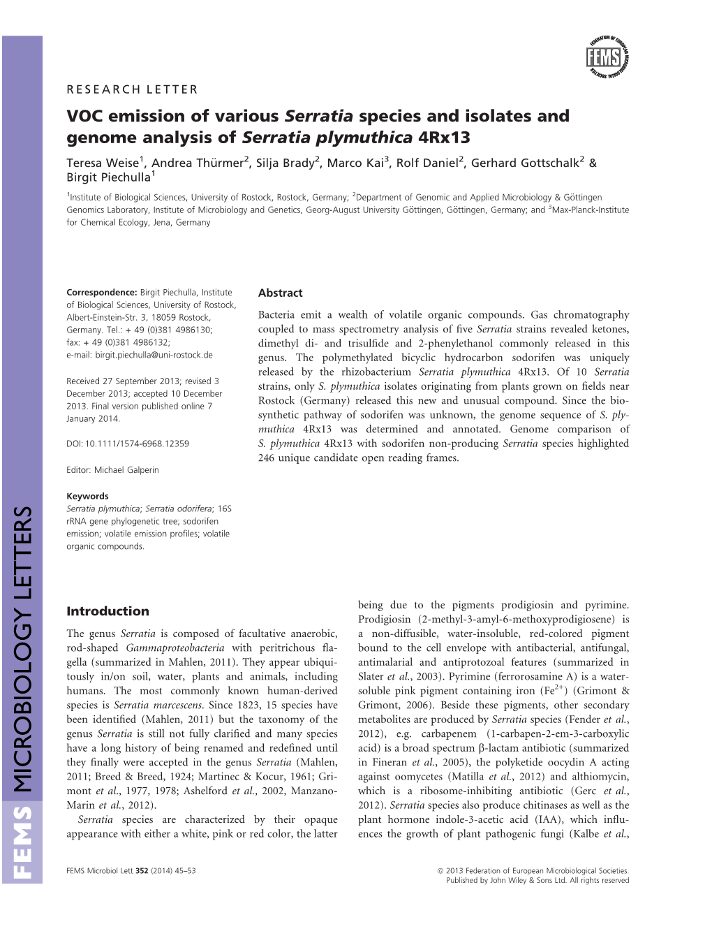 VOC Emission of Various Serratia Species and Isolates and Genome